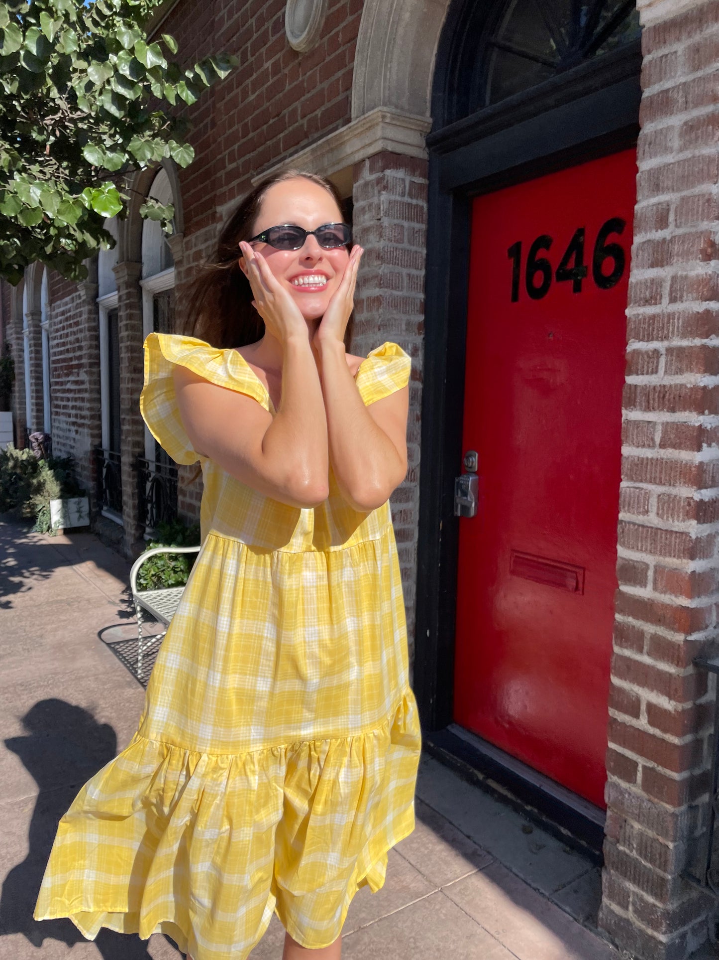Yellow Plaid Flutter Sleeve Smocked Dress (S)