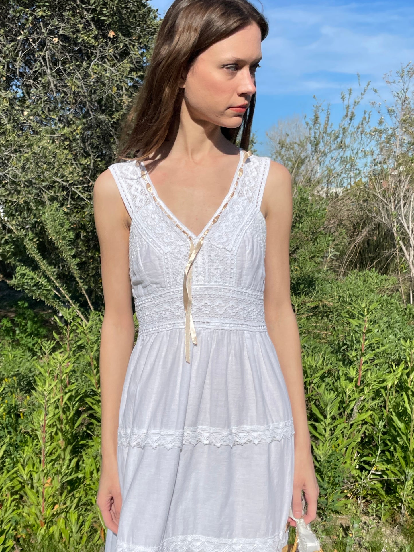 White Cotton Lace Tiered Dress (S)