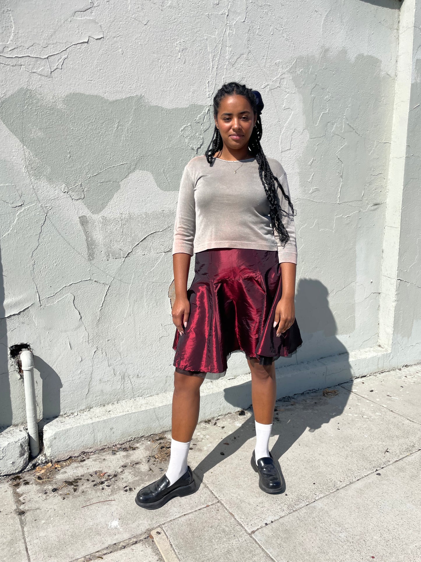 girl wearing 90s Burgundy Satin Midi Skirt