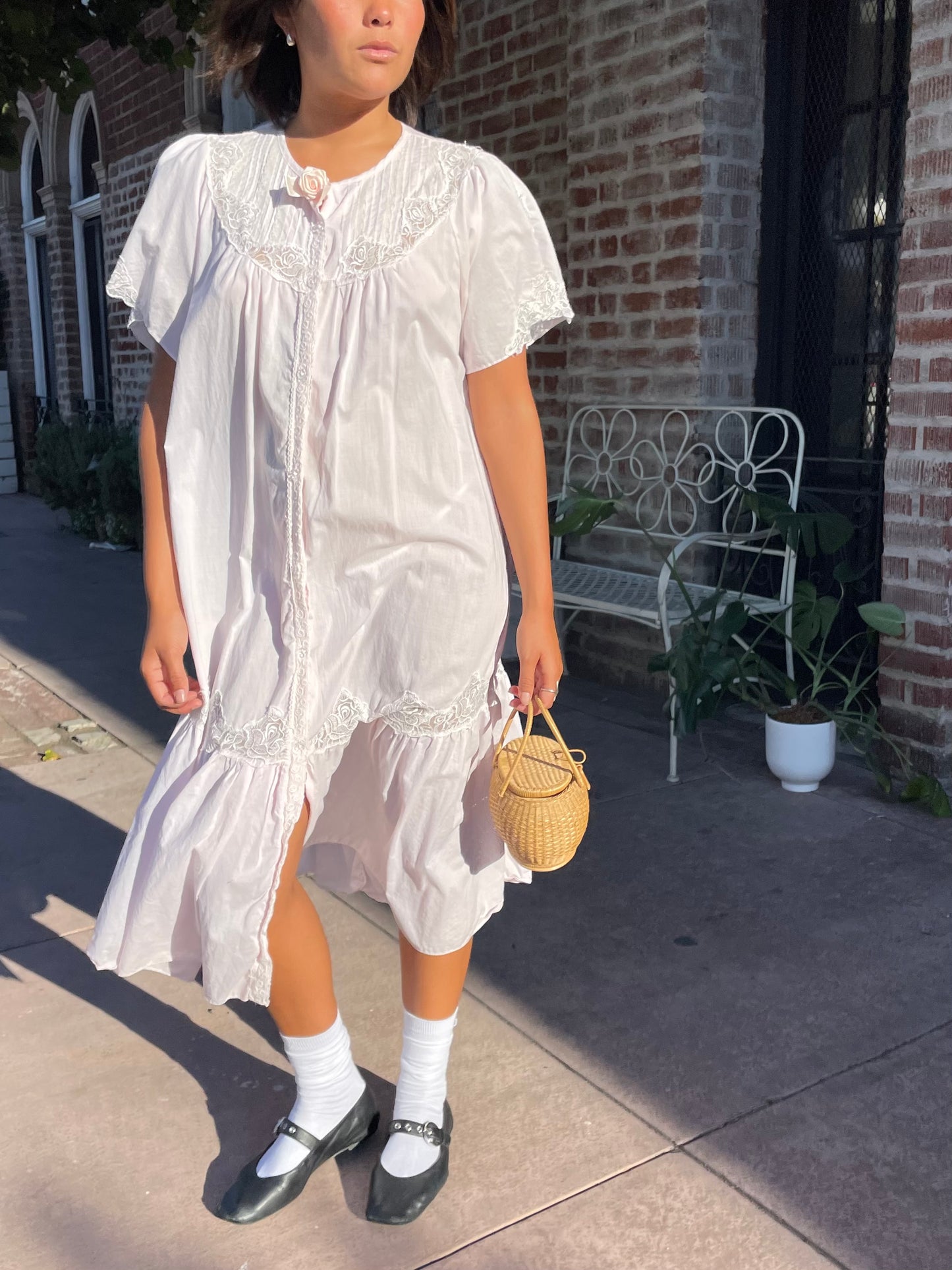 girl wearing a Powder Pink Rose Slip Dress