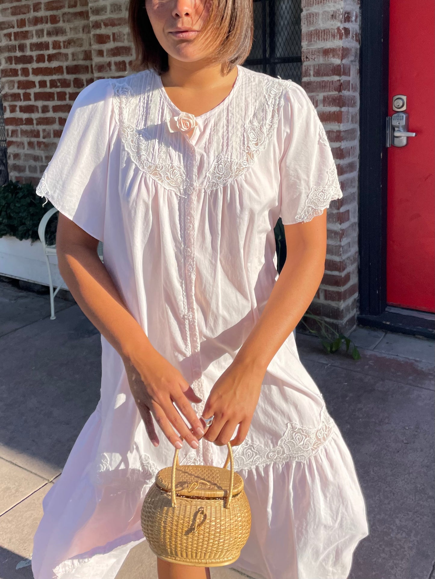 girl wearing a Powder Pink Rose Slip Dress