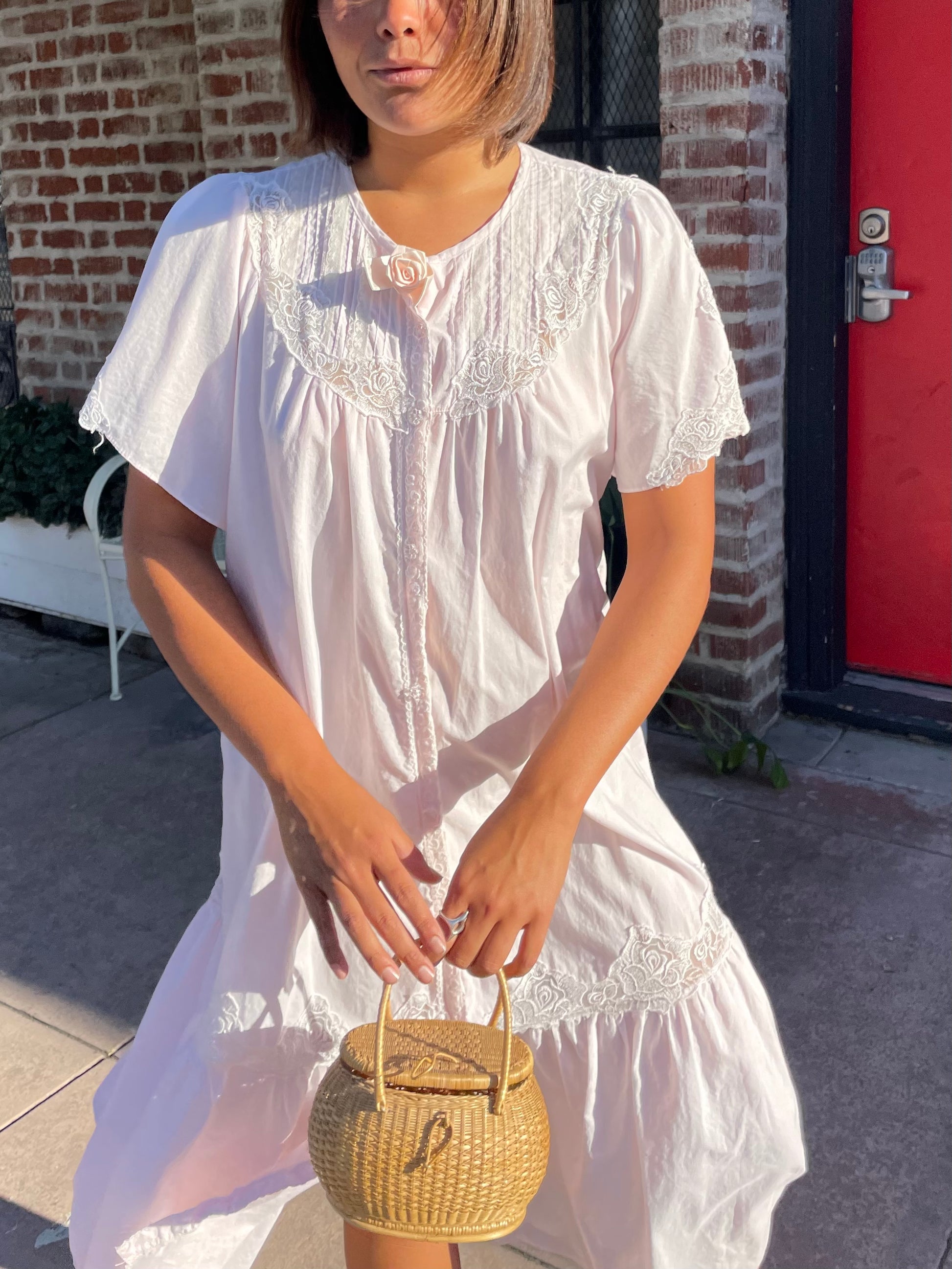 girl wearing a Powder Pink Rose Slip Dress