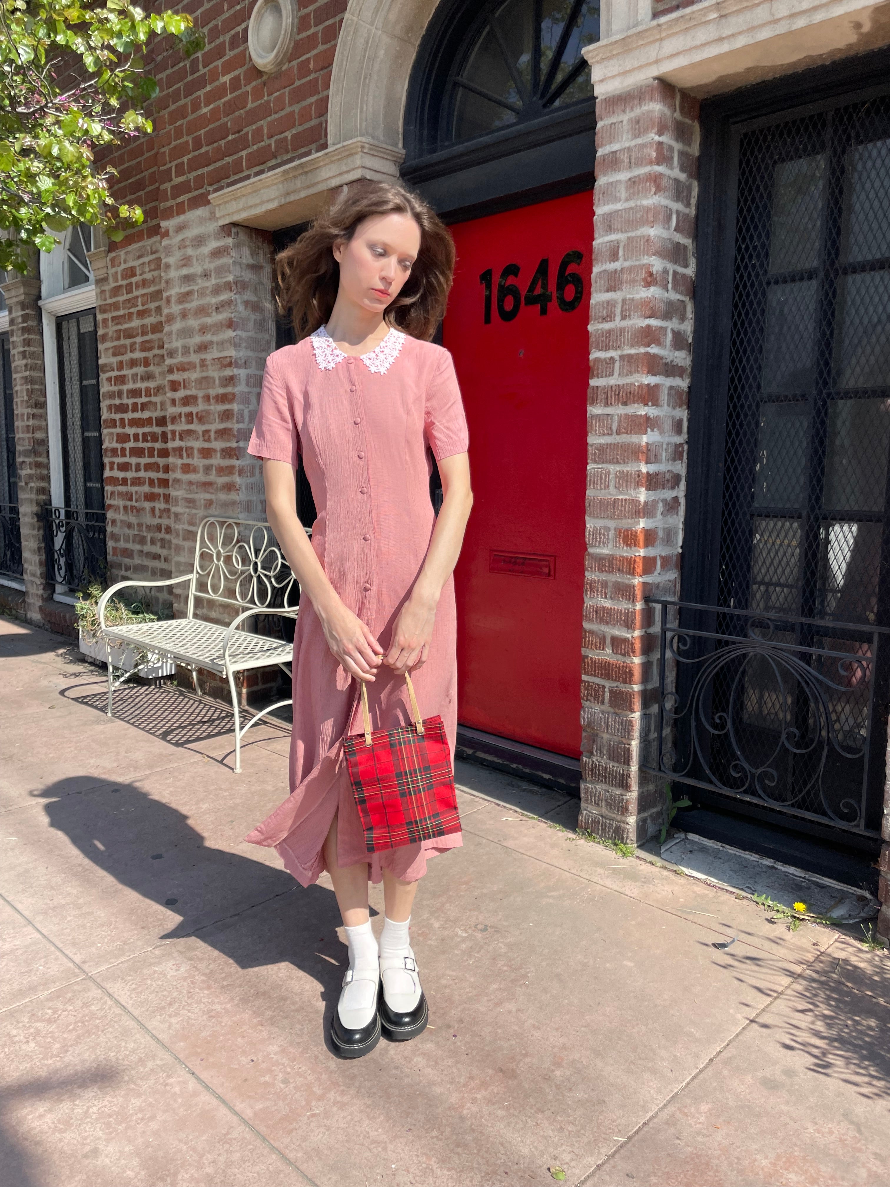 red gingham dress with lace Countryside Cottage Red Gingham Lace-Trimmed Mini Dress L