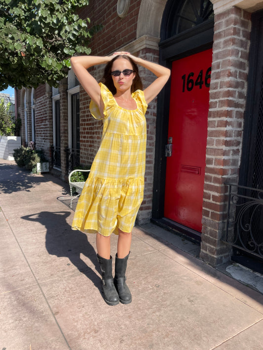 Yellow Plaid Flutter Sleeve Smocked Dress (S)