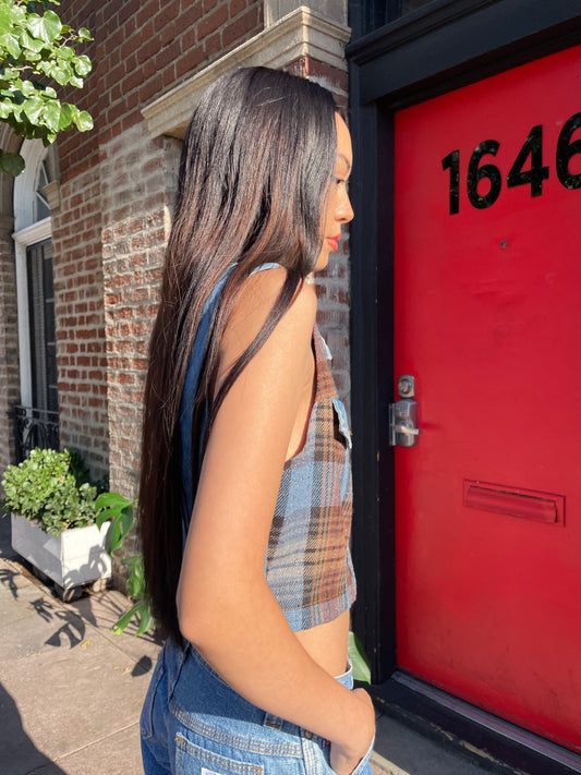 girl in plaid denim top