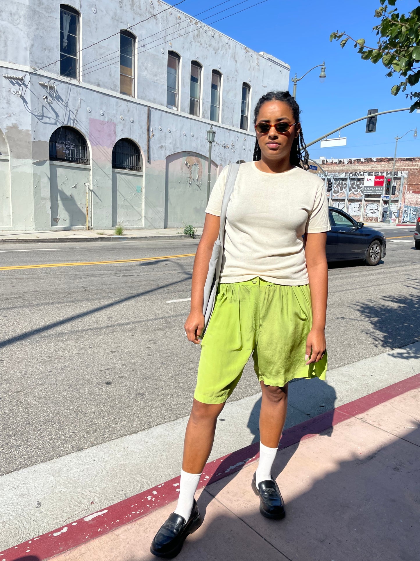 girl wearing beige crew neck blouse