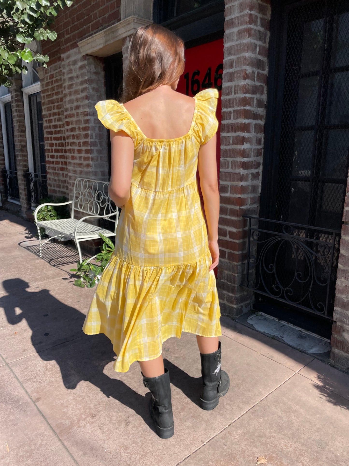 Yellow Plaid Flutter Sleeve Smocked Dress (S)
