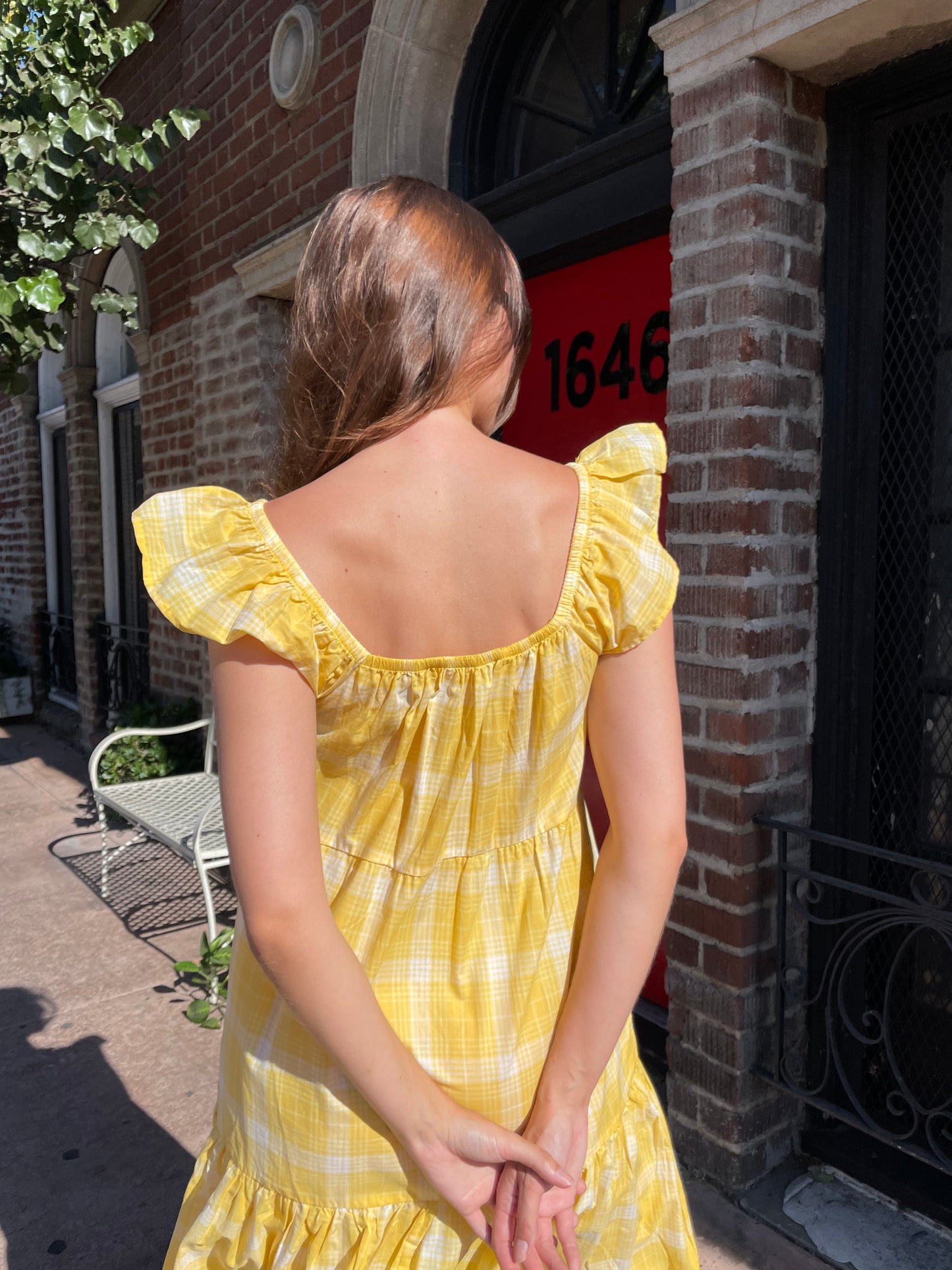 Yellow Plaid Flutter Sleeve Smocked Dress (S)