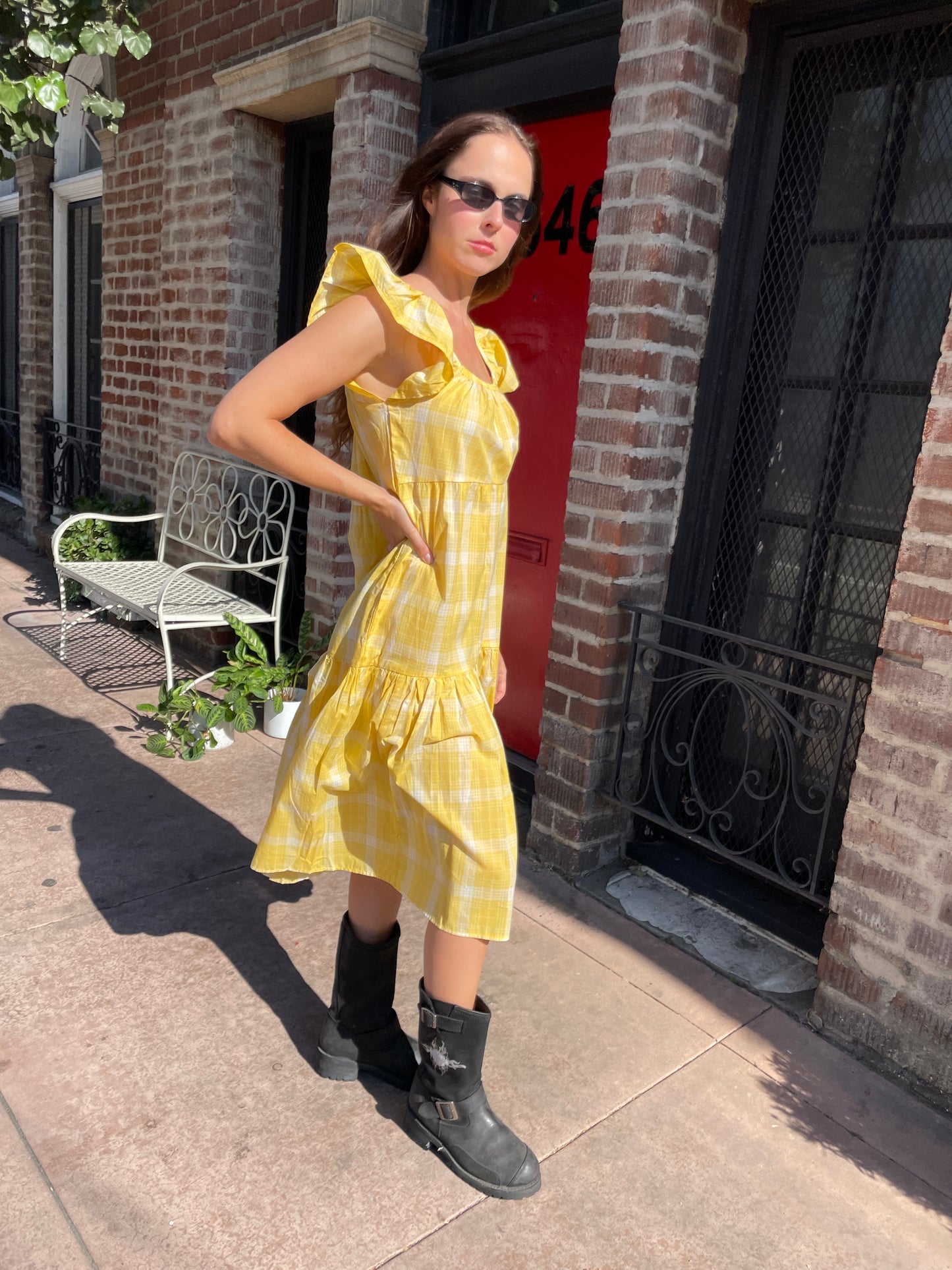 Yellow Plaid Flutter Sleeve Smocked Dress (S)
