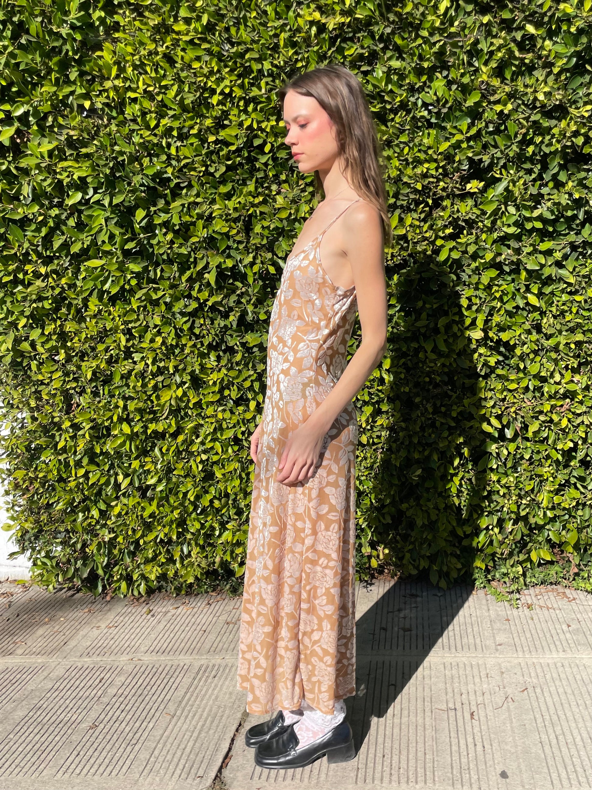 girl in ecru floral maxi dress