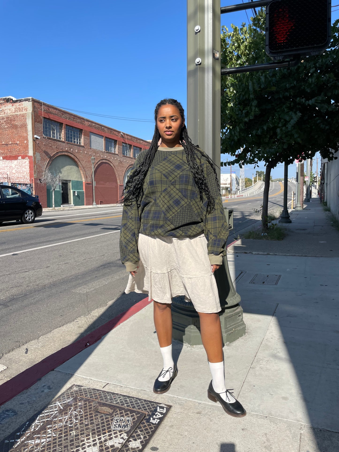 girl wearing Beige Linen Skirt