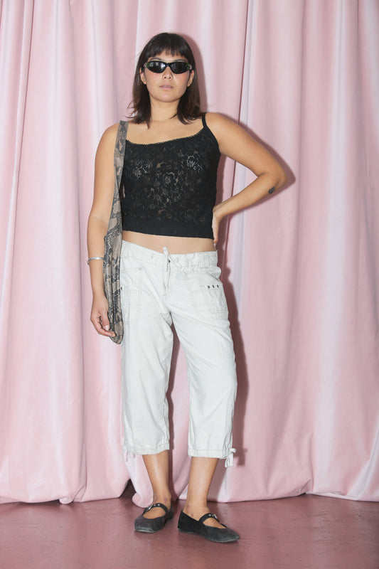 girl in khaki capri and lace tank