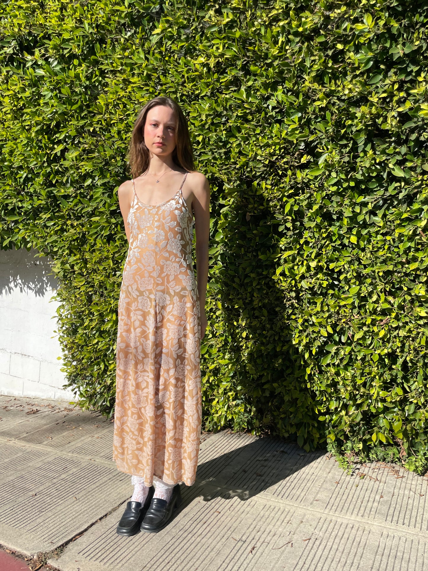 girl in ecru floral maxi dress