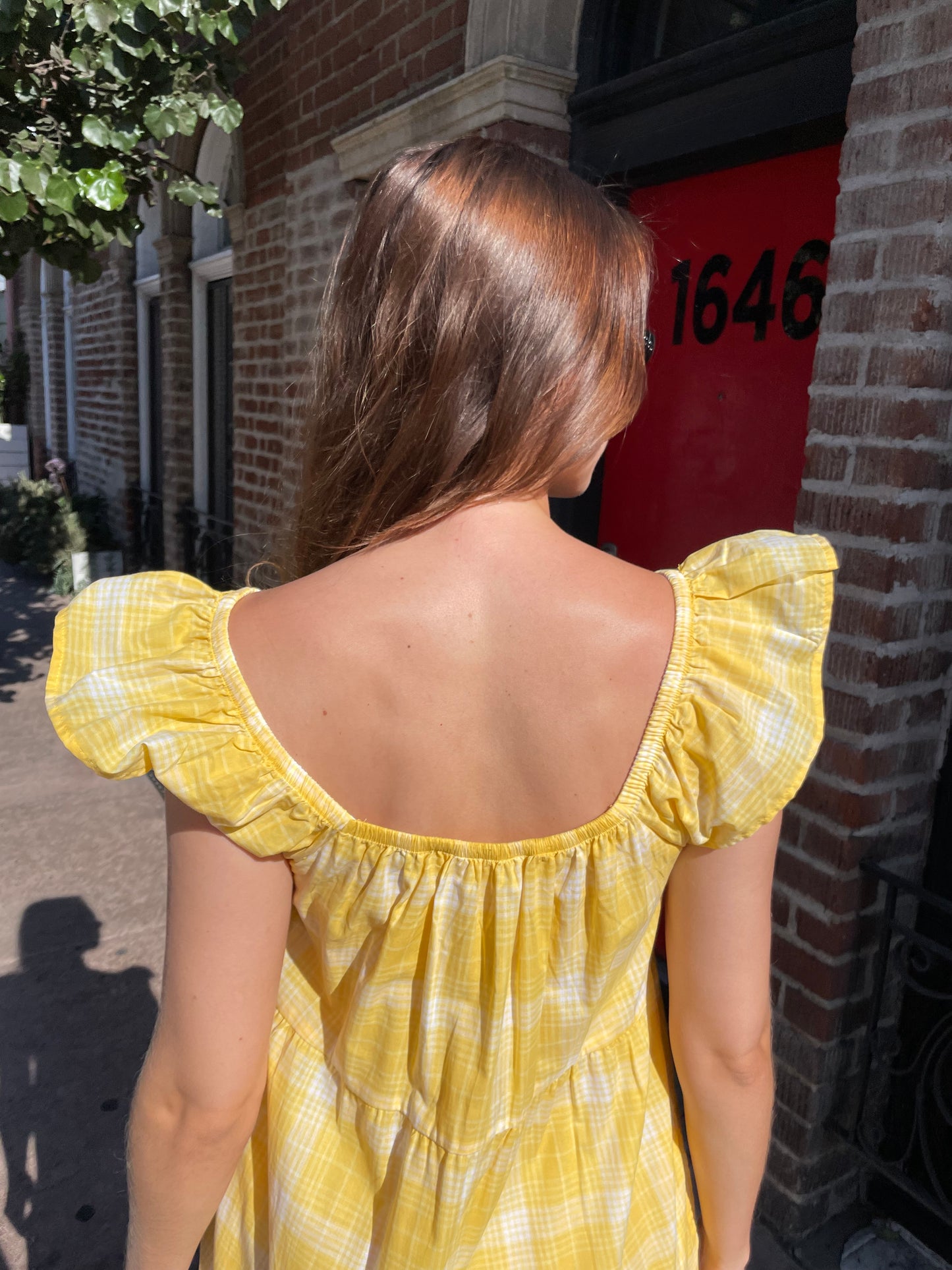 Yellow Plaid Flutter Sleeve Smocked Dress (S)