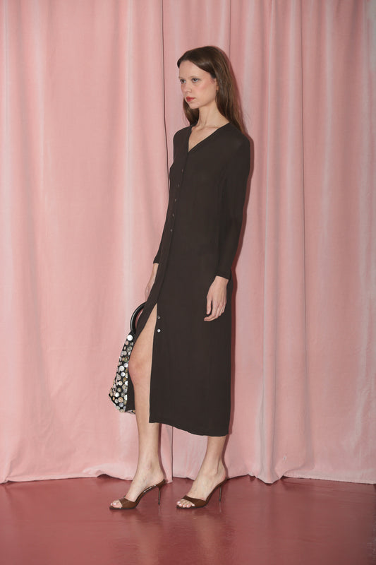 90s Brown Sheer Silk Button Down Dress (S)