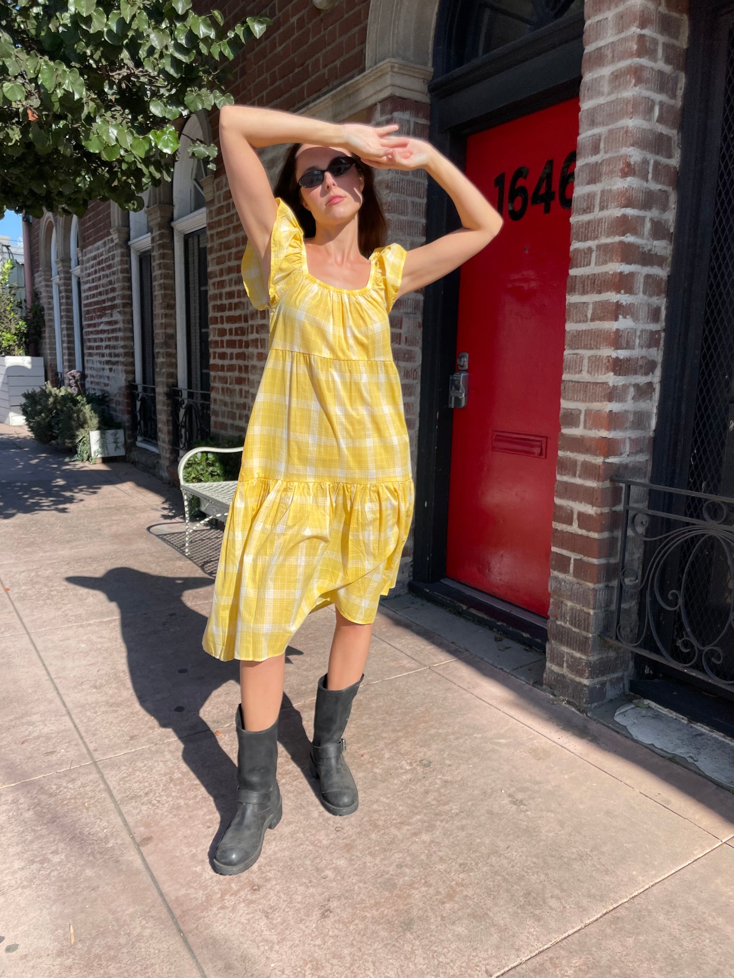 Yellow Plaid Flutter Sleeve Smocked Dress (S)