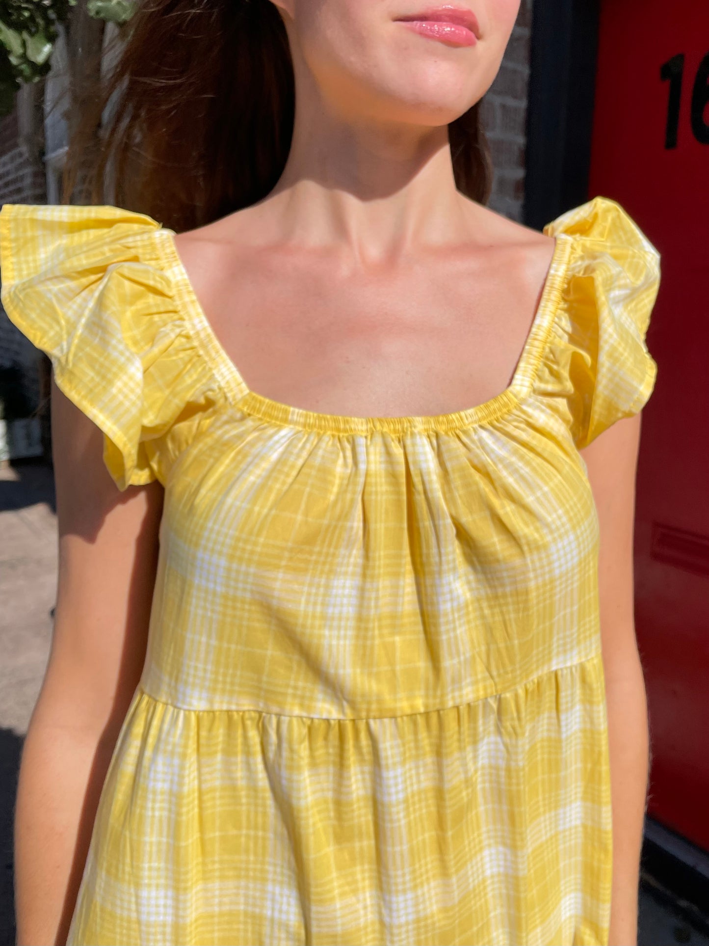 Yellow Plaid Flutter Sleeve Smocked Dress (S)
