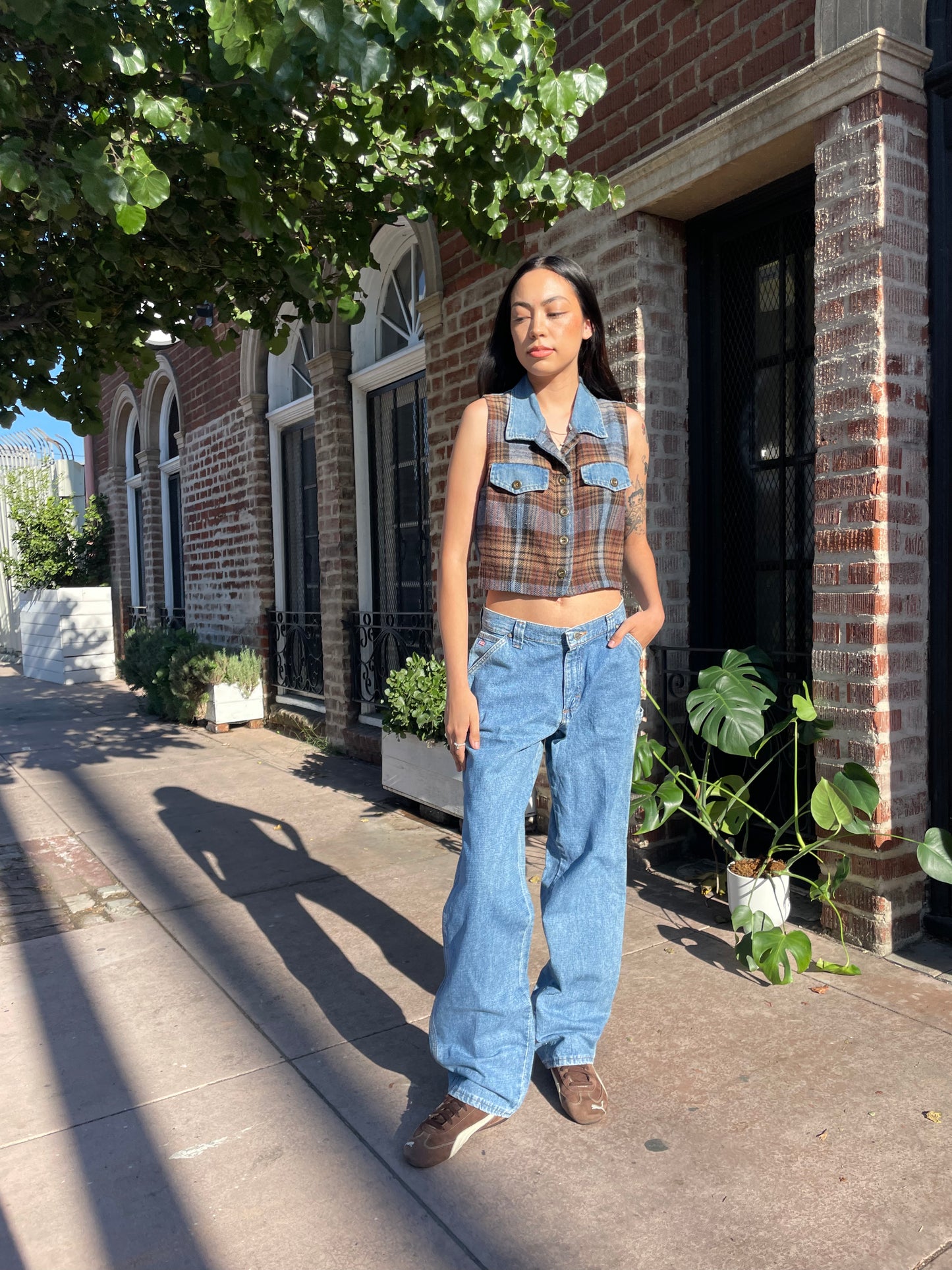 girl in plaid denim top