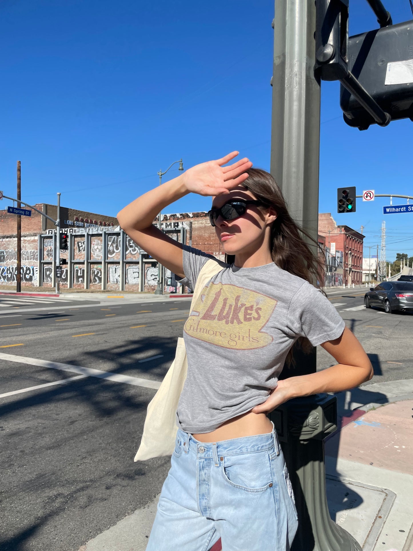 girl in vintage gray shirt