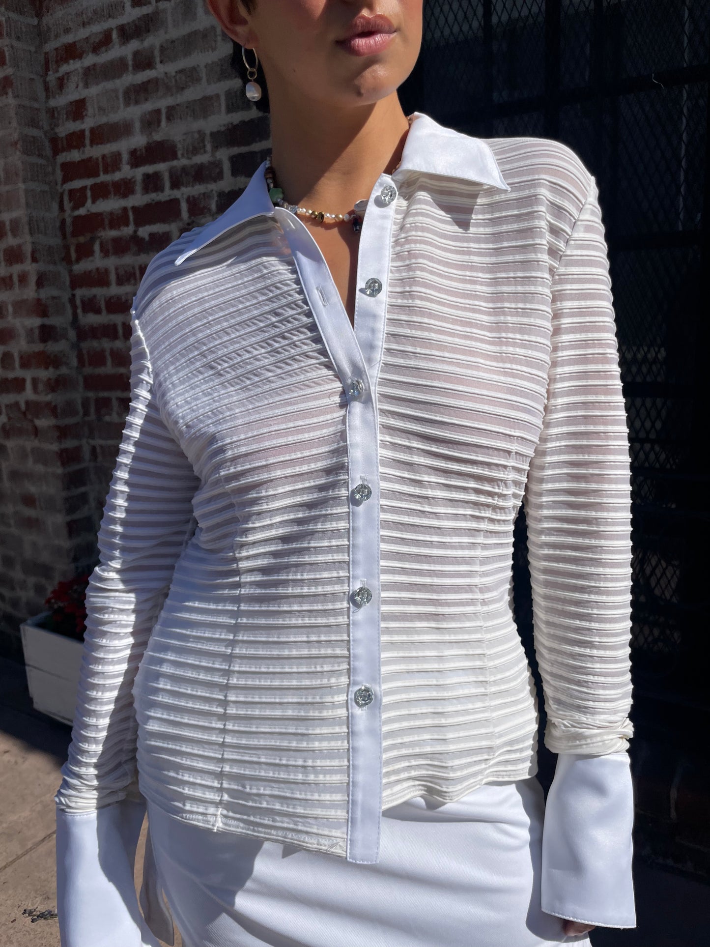 White Striped Sheer Button Up (S)