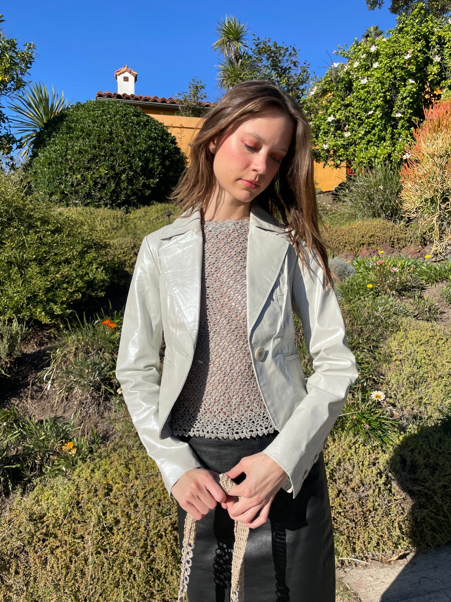 girl in silver knitted long sleeve