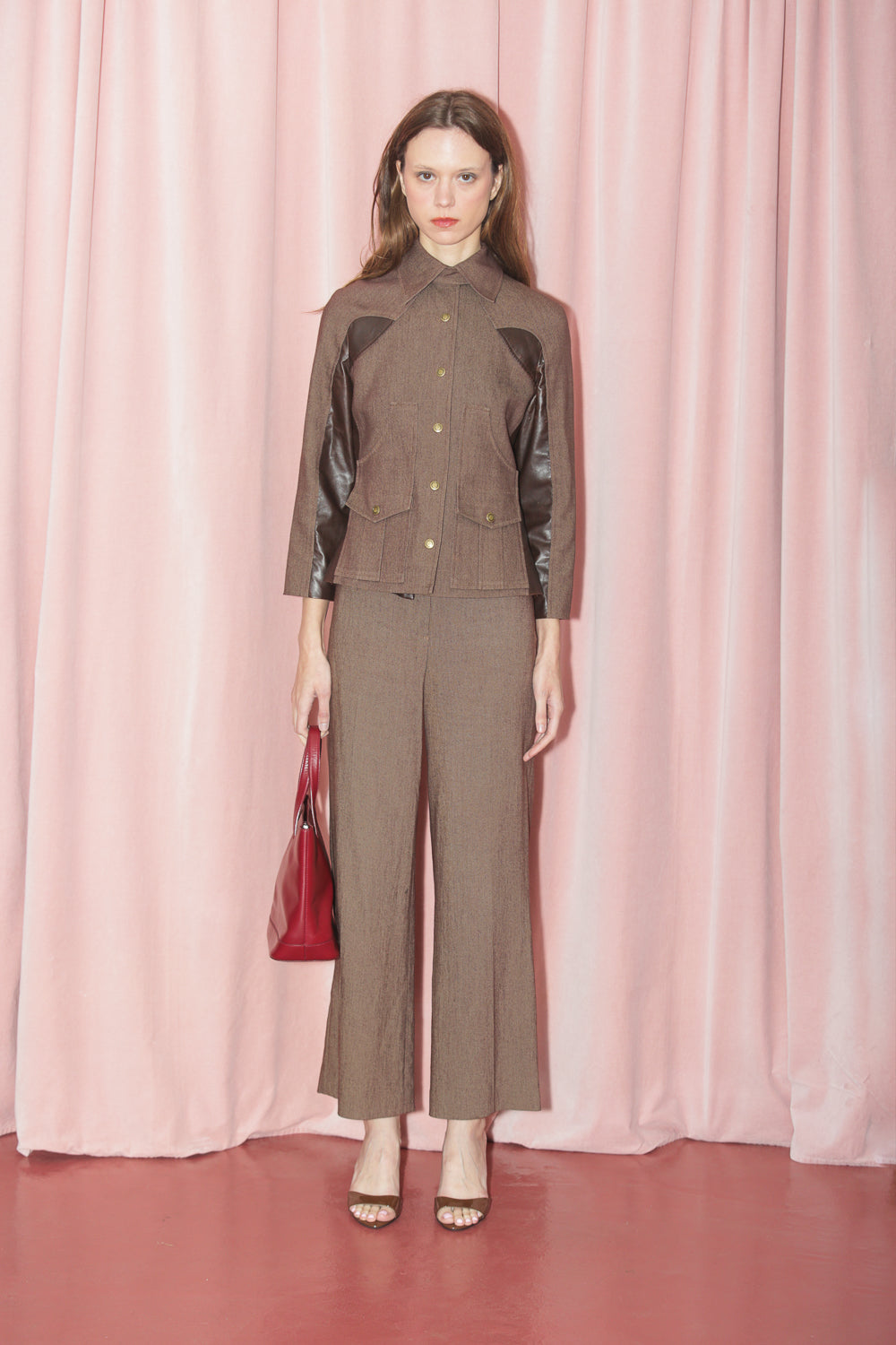 Brown Herringbone Tweed Faux Leather Combo Blazer (S)