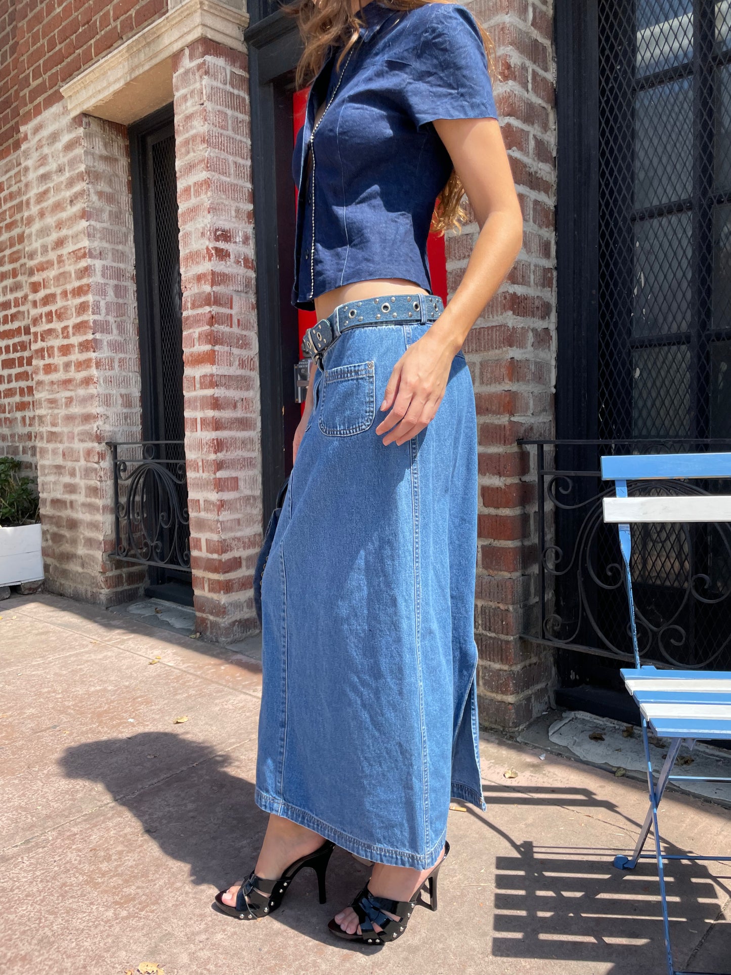 girl in denim top and skirt