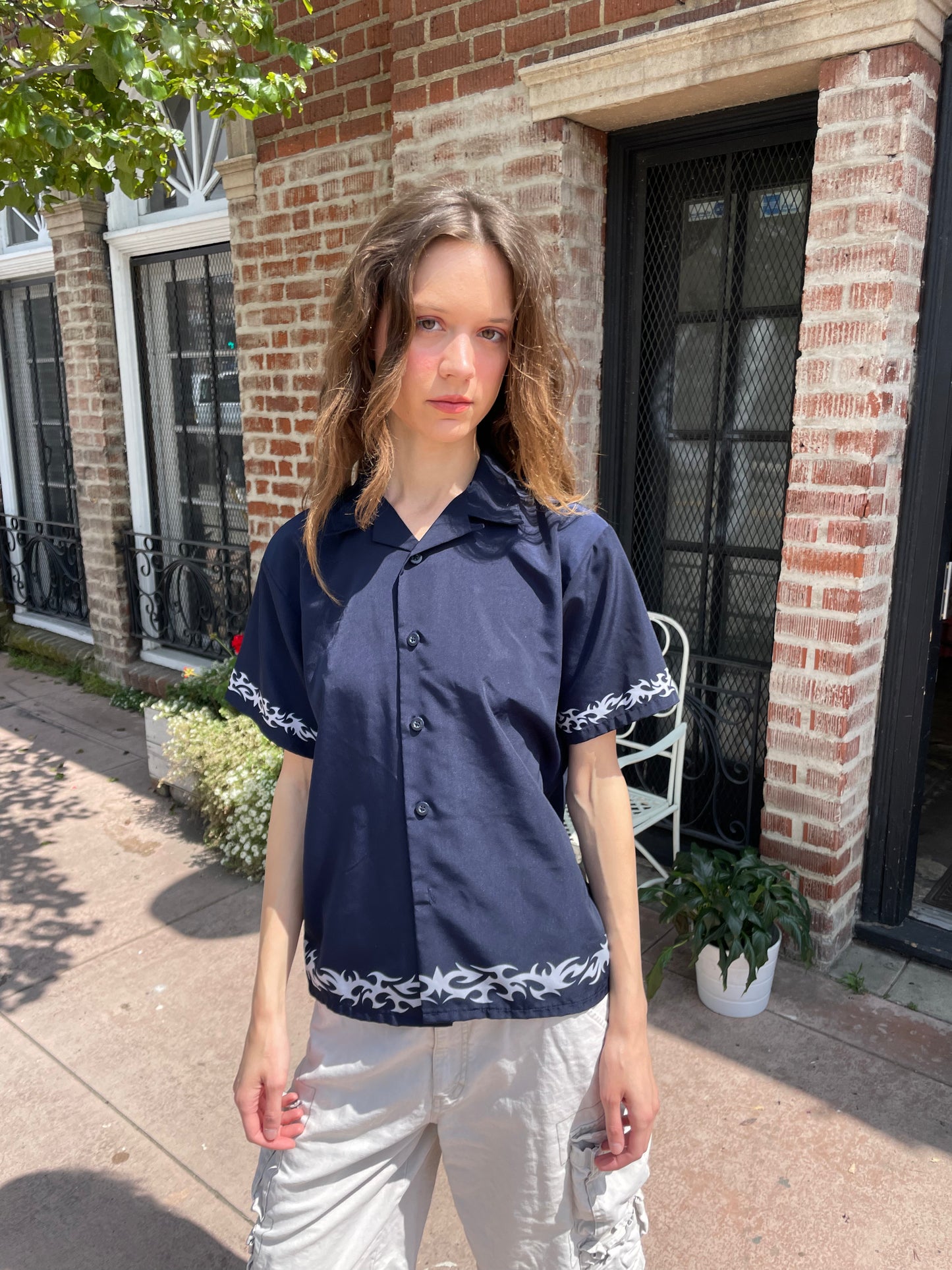 girl wearing blue button up shirt