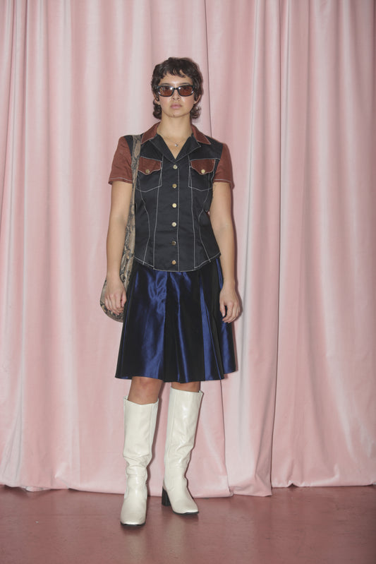 girl in Two Toned Brown & Black Blouse