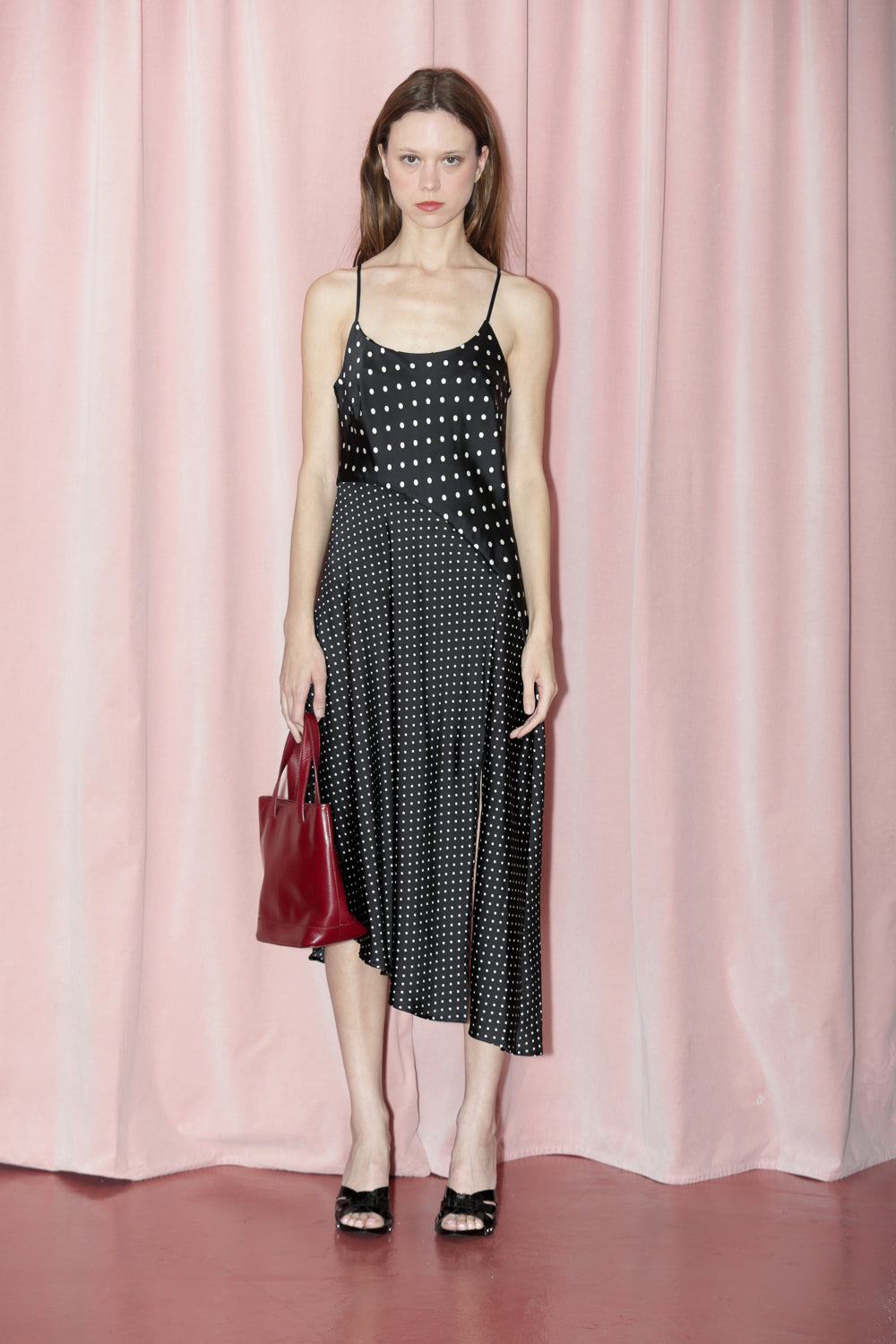 Black Polka Dot Asymmetrical Slip Dress (S)