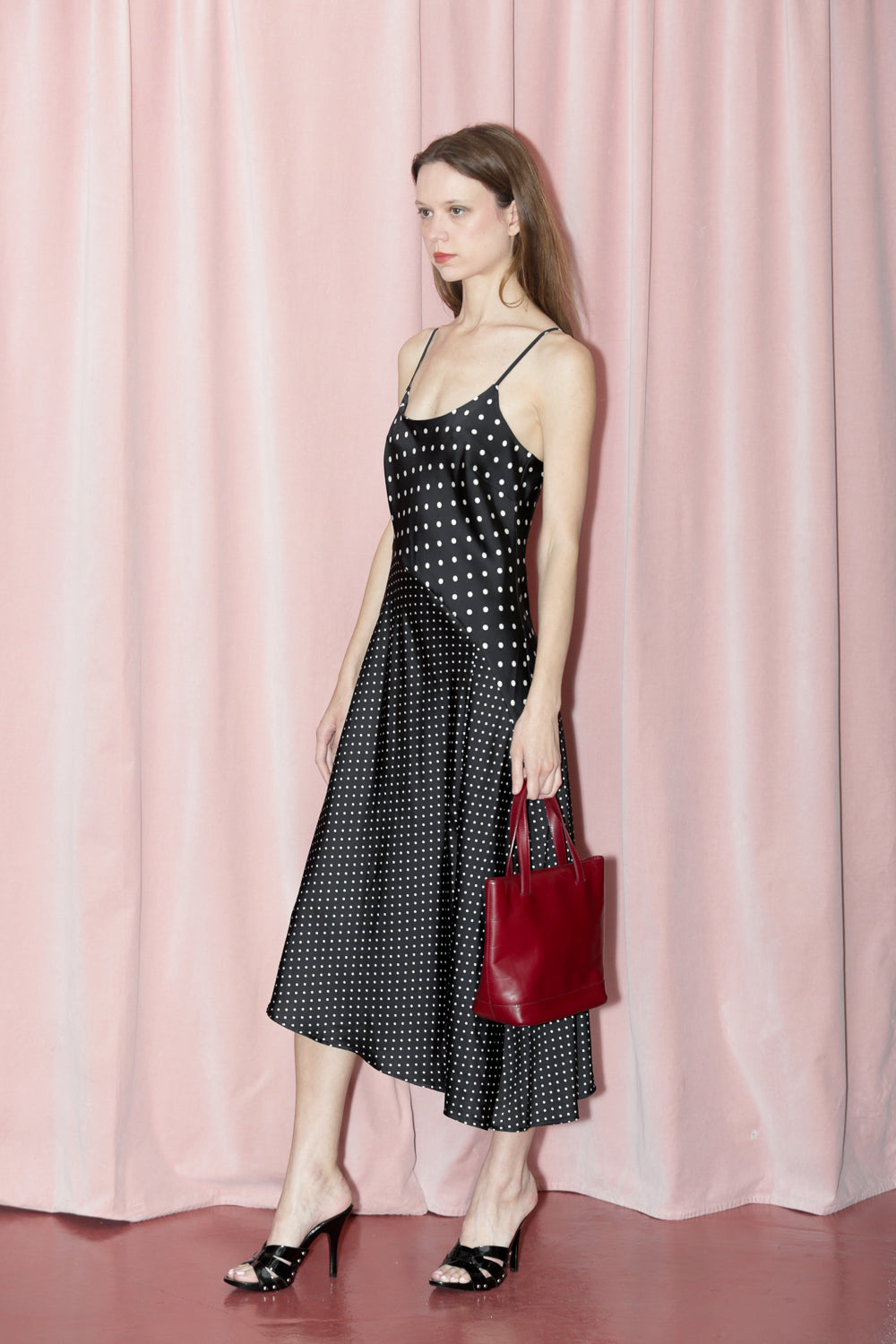Black Polka Dot Asymmetrical Slip Dress (S)