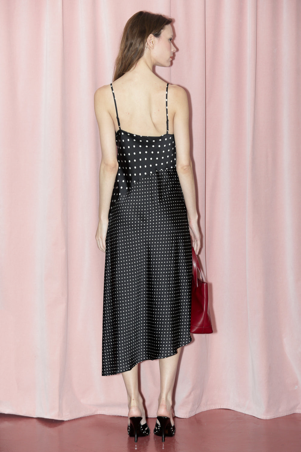Black Polka Dot Asymmetrical Slip Dress (S)