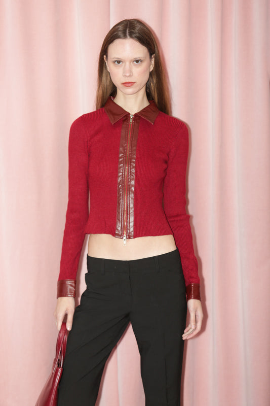 (SOLD) Red Cable Knit Zipper Sweater (S)