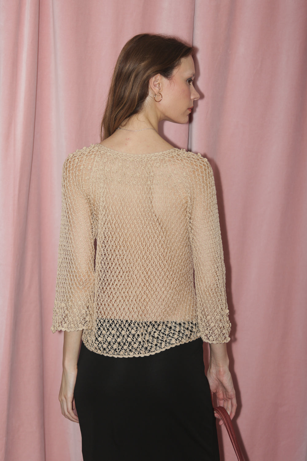 Tan Crochet Knit Long Sleeve Top (S)