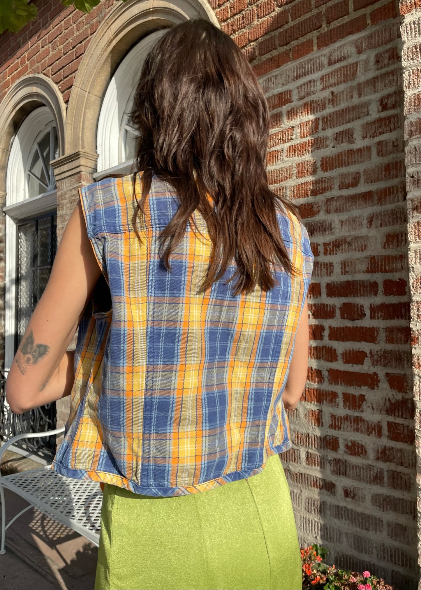 Yellow Plaid Button Up Vest (L)