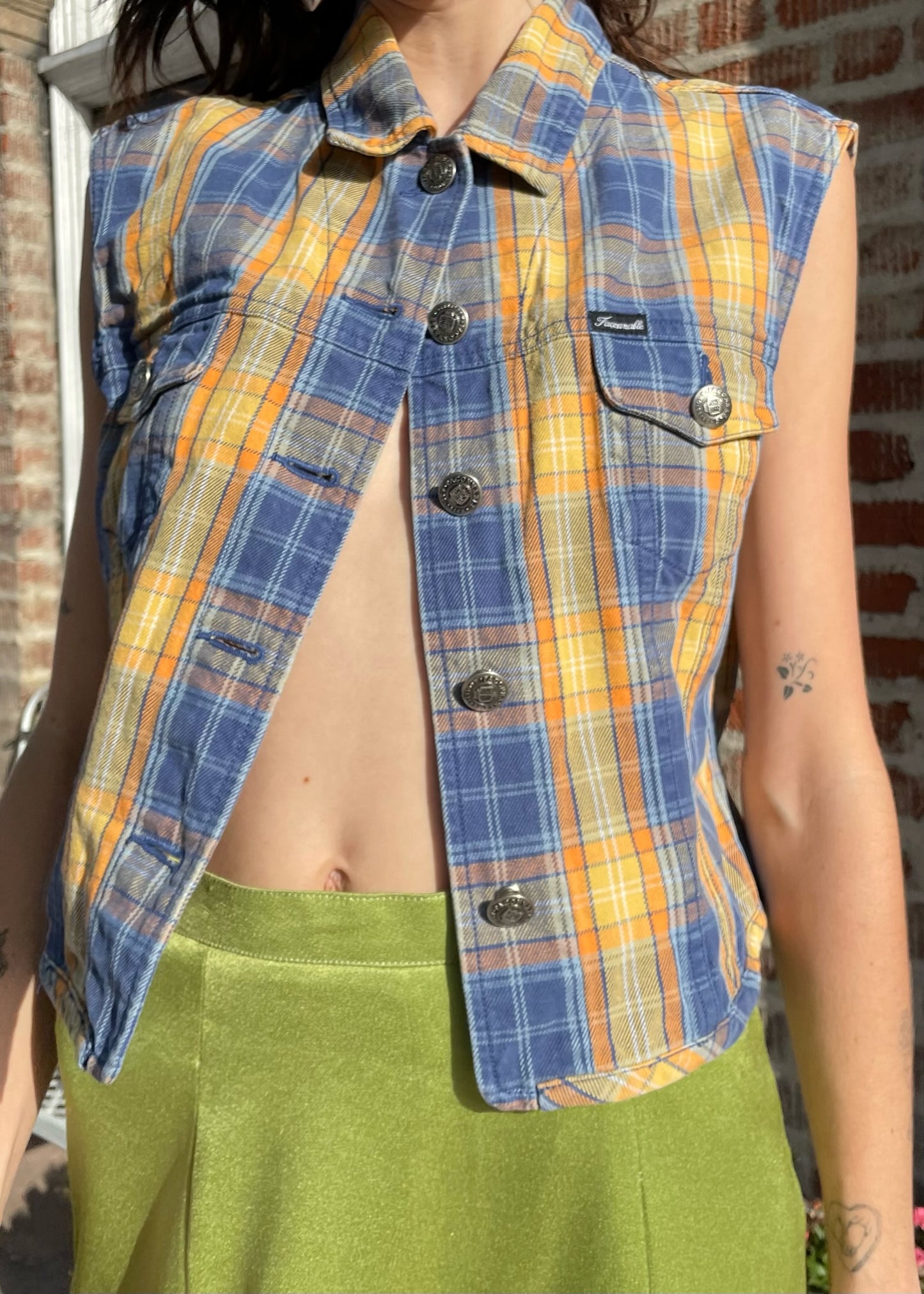 Yellow Plaid Button Up Vest (L)