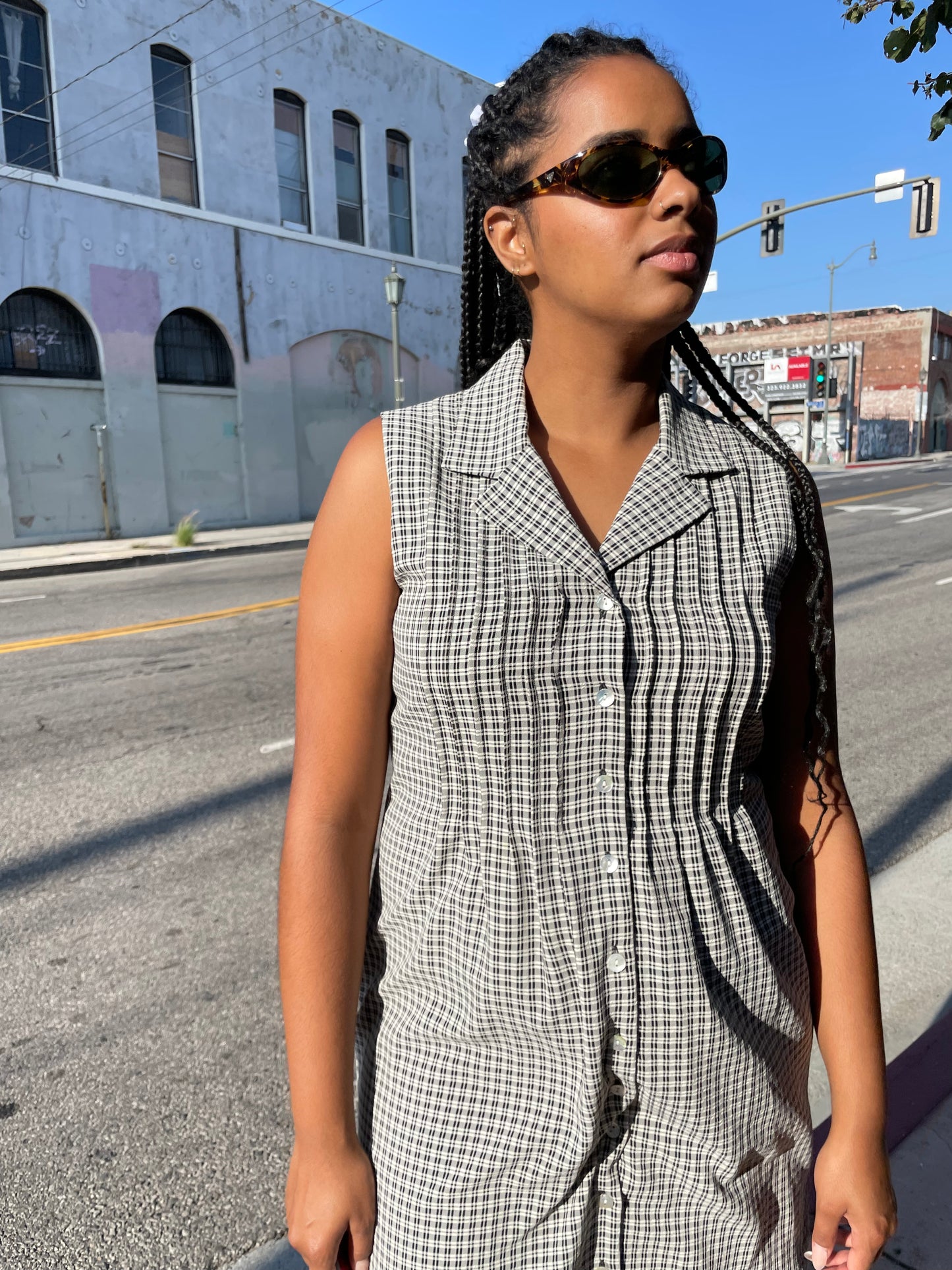 90s Black & White Gingham Dress (L)