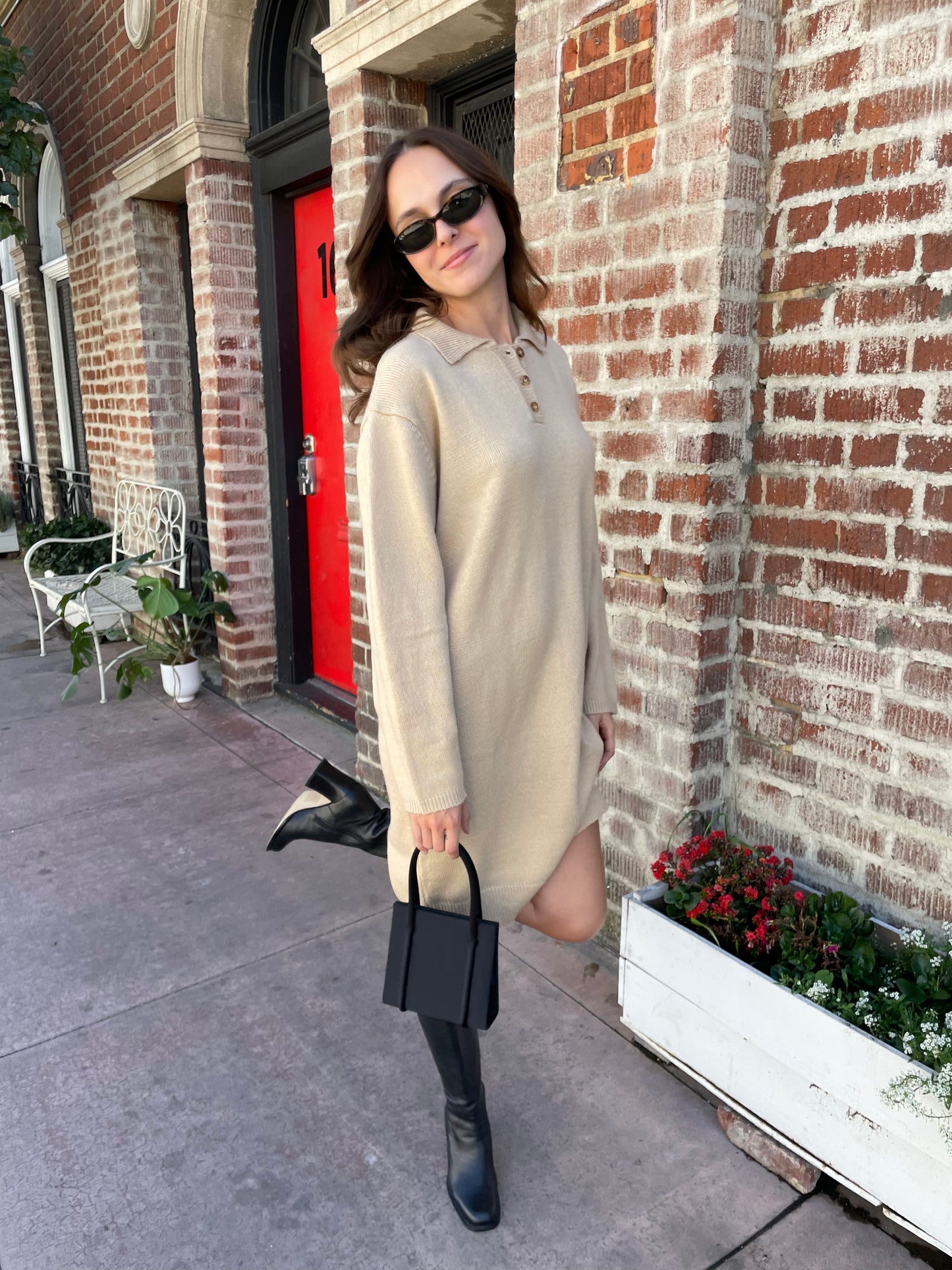 girl in tan sweater dress