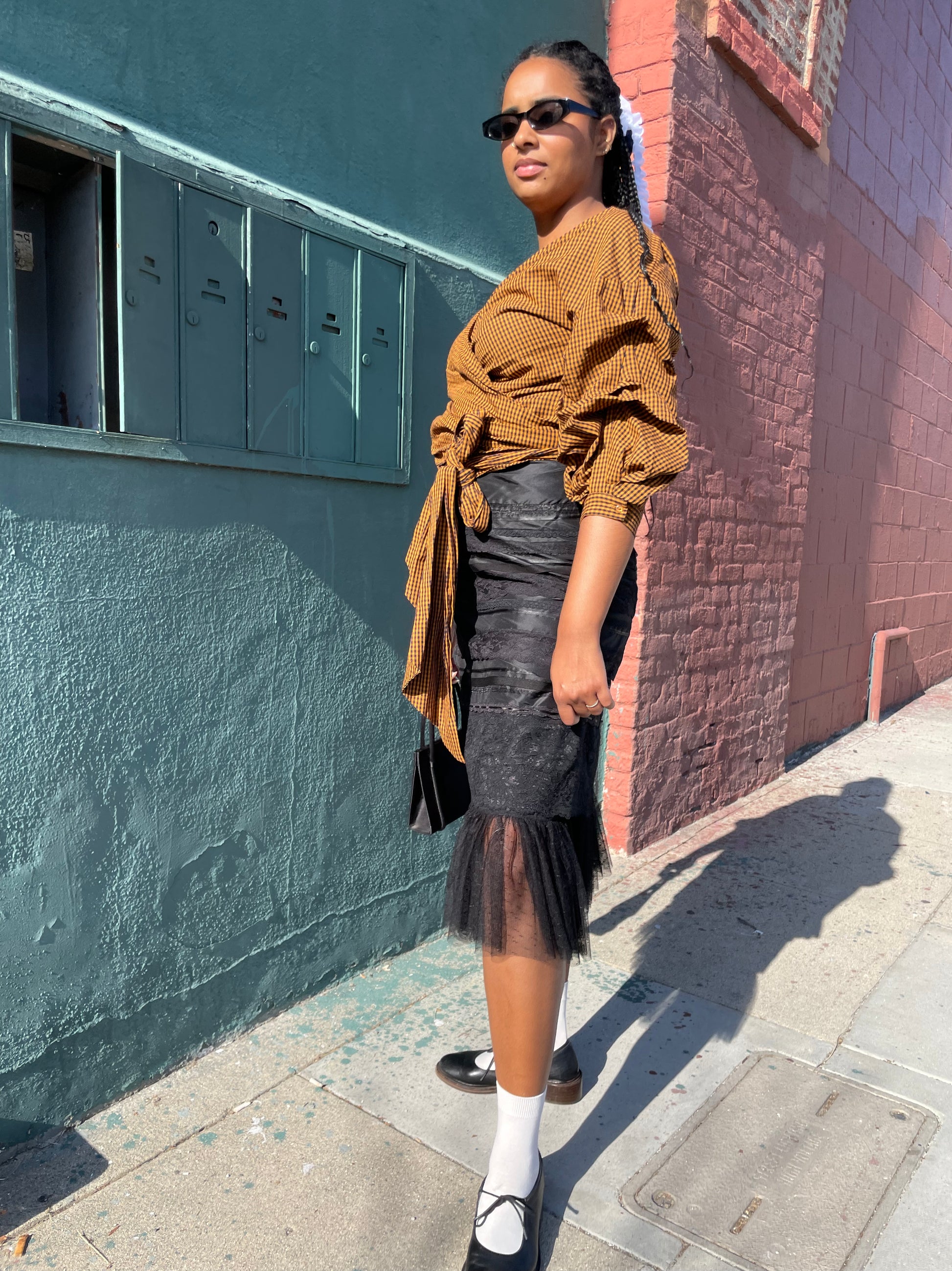 girl wearing Black Lace Tiered Skirt