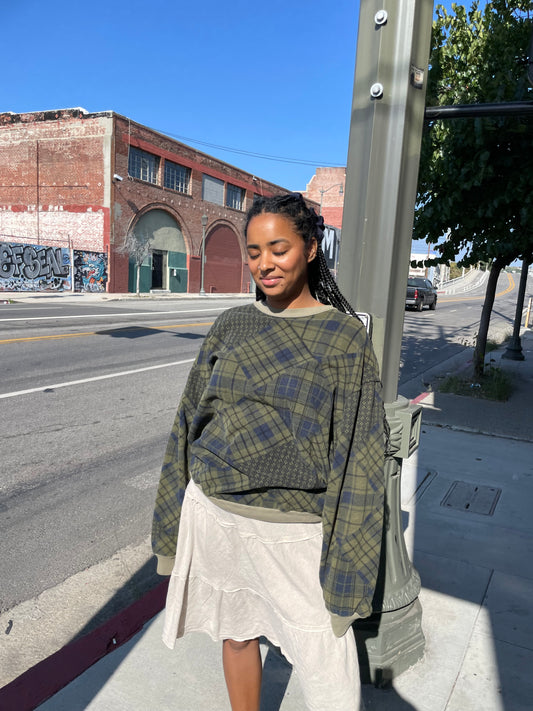 Forest Green Plaid Patchwork Crewneck (M-L)