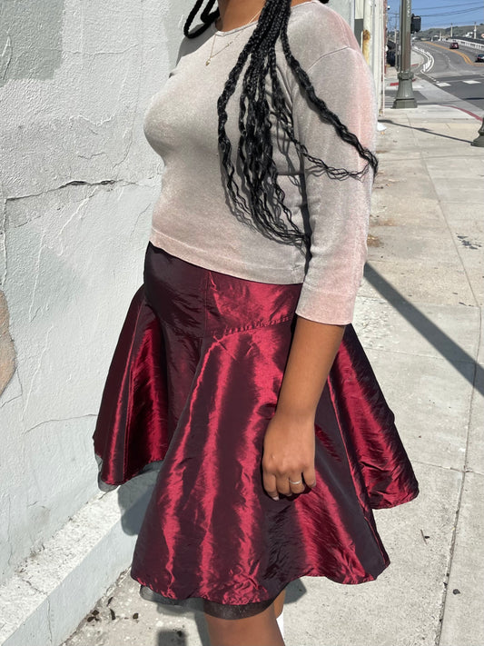 girl wearing 90s Burgundy Satin Midi Skirt