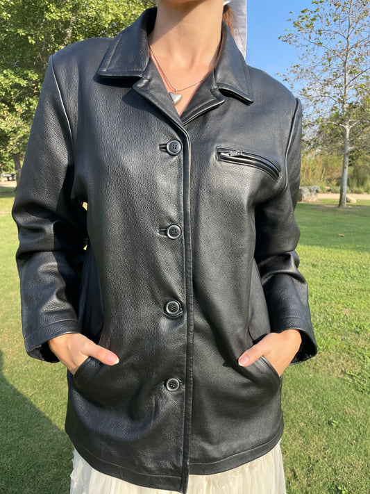 Black Leather Button Down Jacket (S)