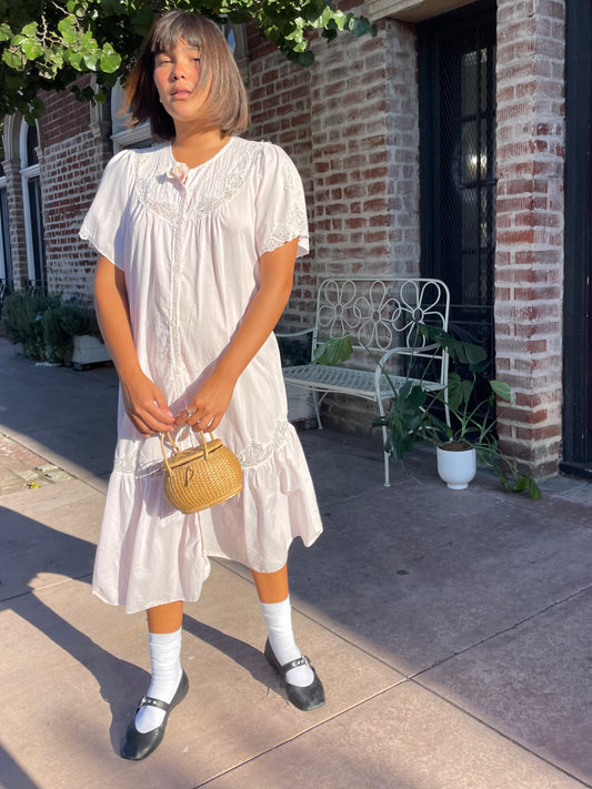 girl wearing a Powder Pink Rose Slip Dress