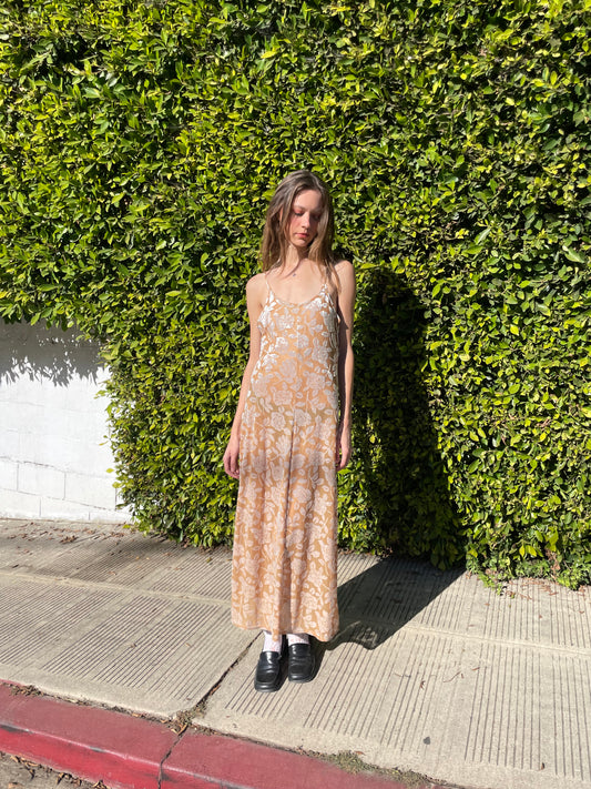 girl in ecru floral maxi dress