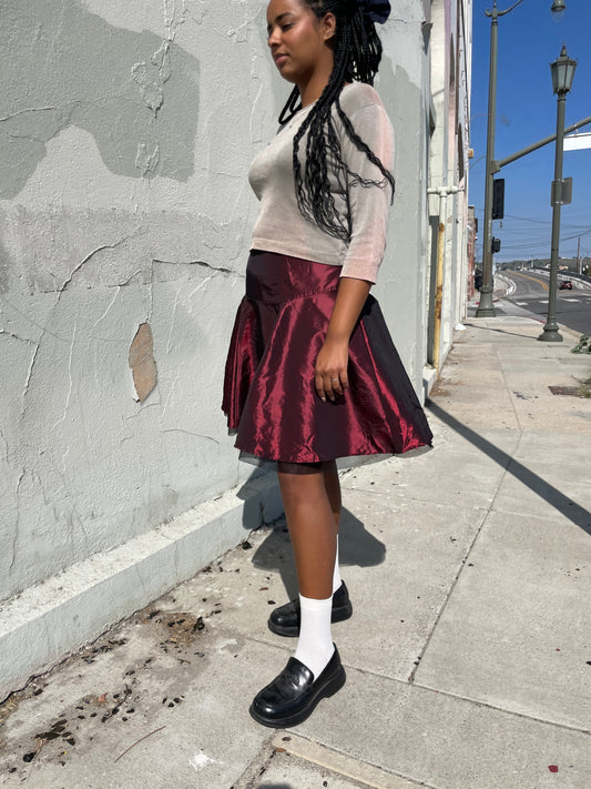 girl wearing 90s Burgundy Satin Midi Skirt