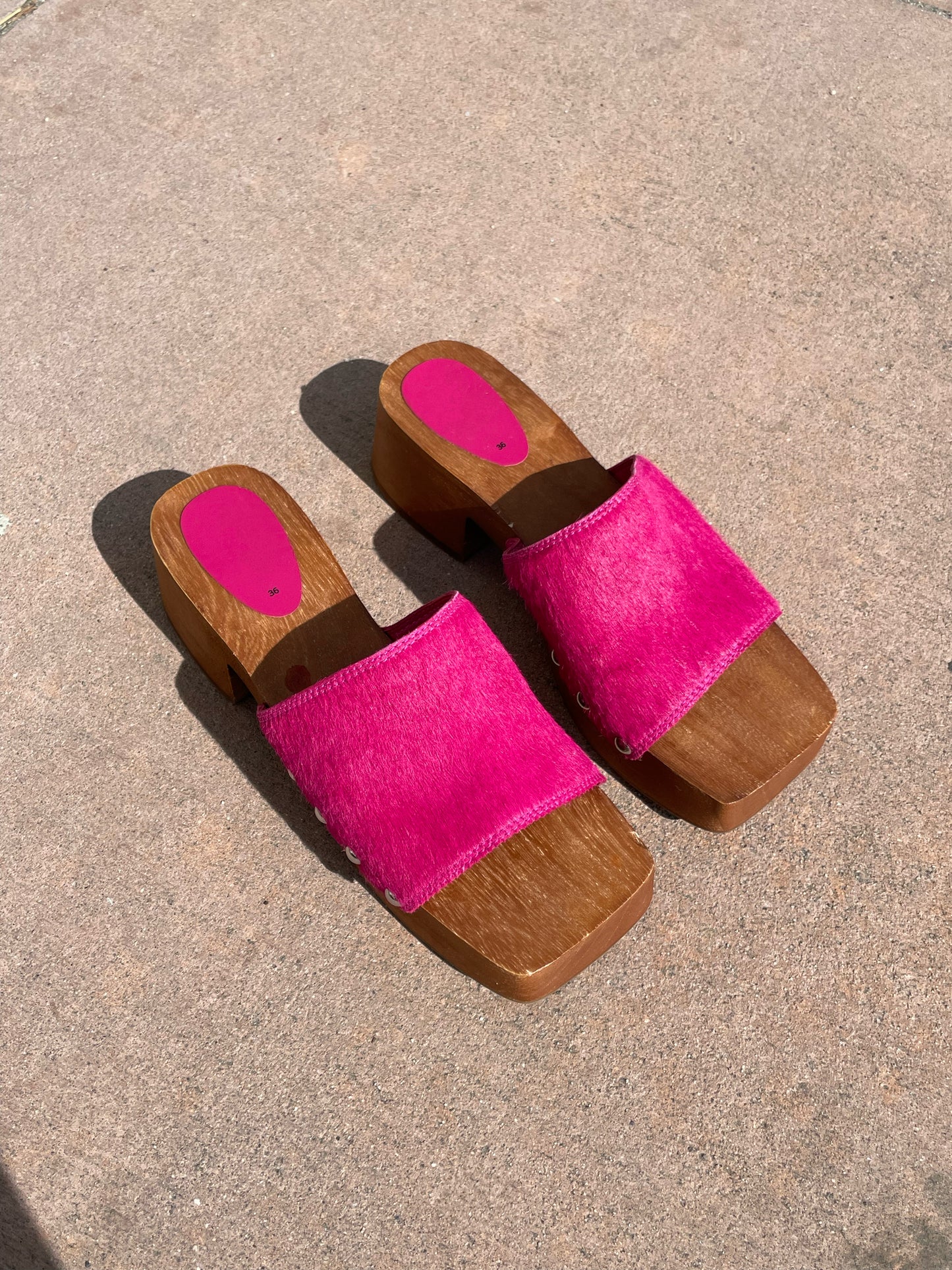 Magenta Hair Wooden Clogs (8.5)