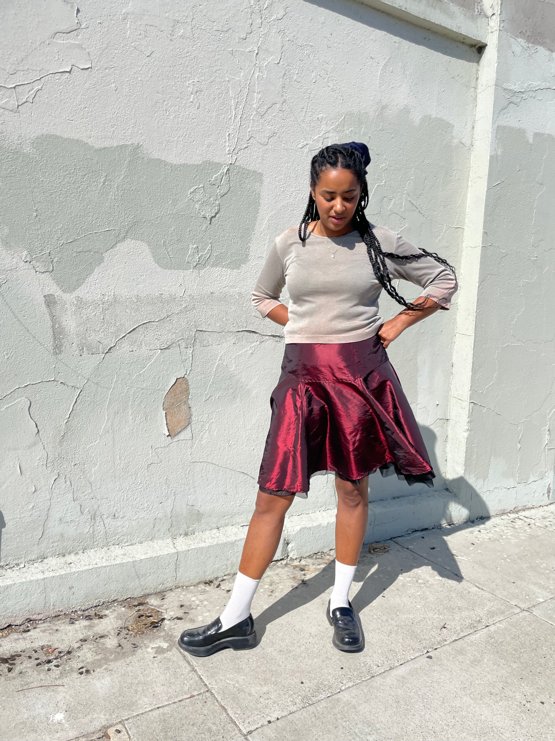 Satin Maroon Skirt Street Style Satin Midi Red Silk Skirt Outfit