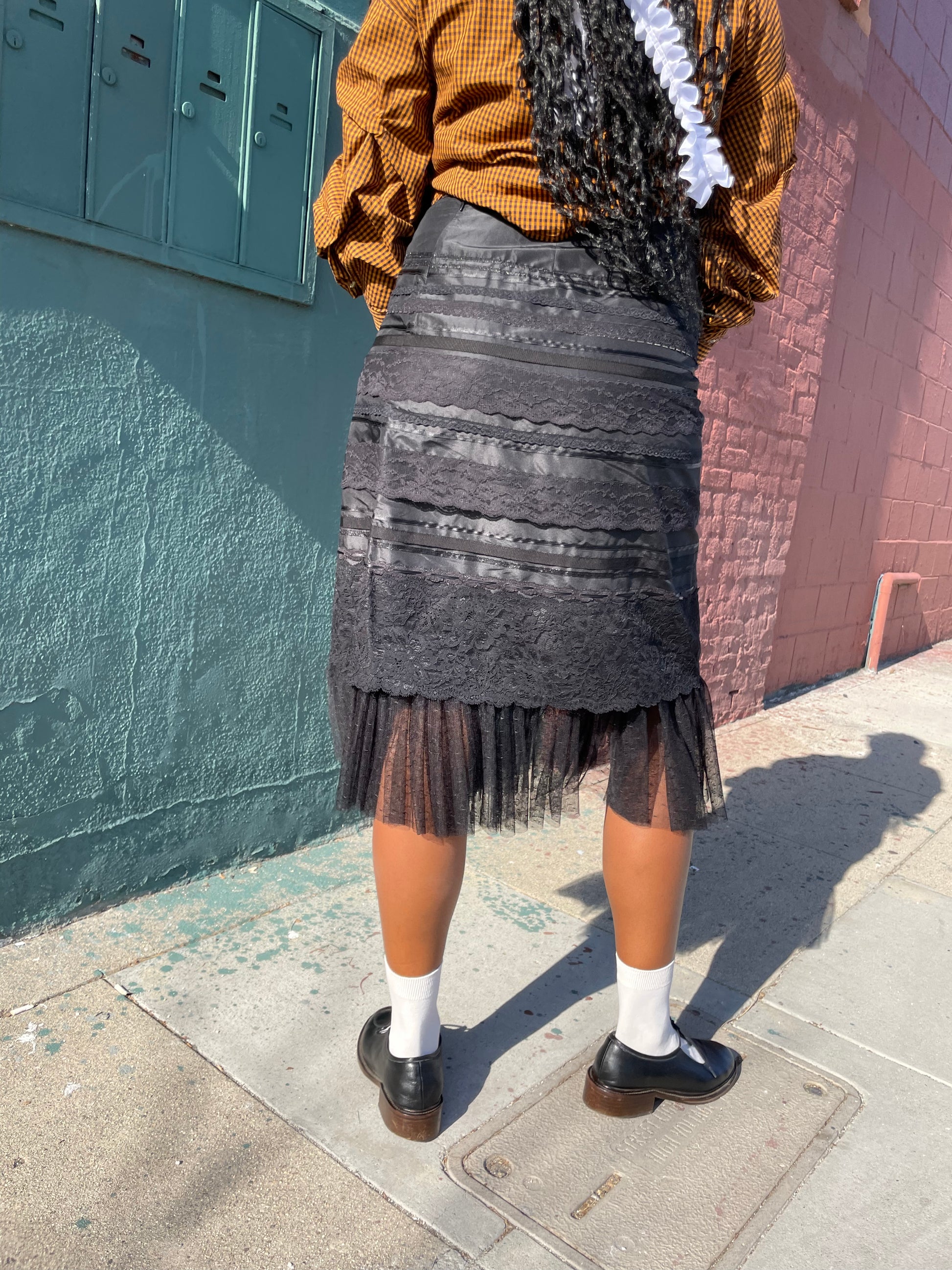 girl wearing Black Lace Tiered Skirt