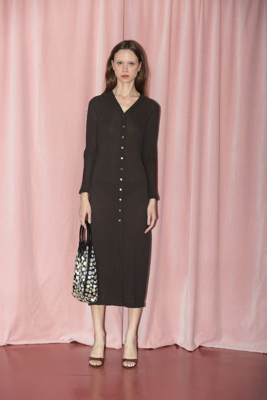 90s Brown Sheer Silk Button Down Dress (S)