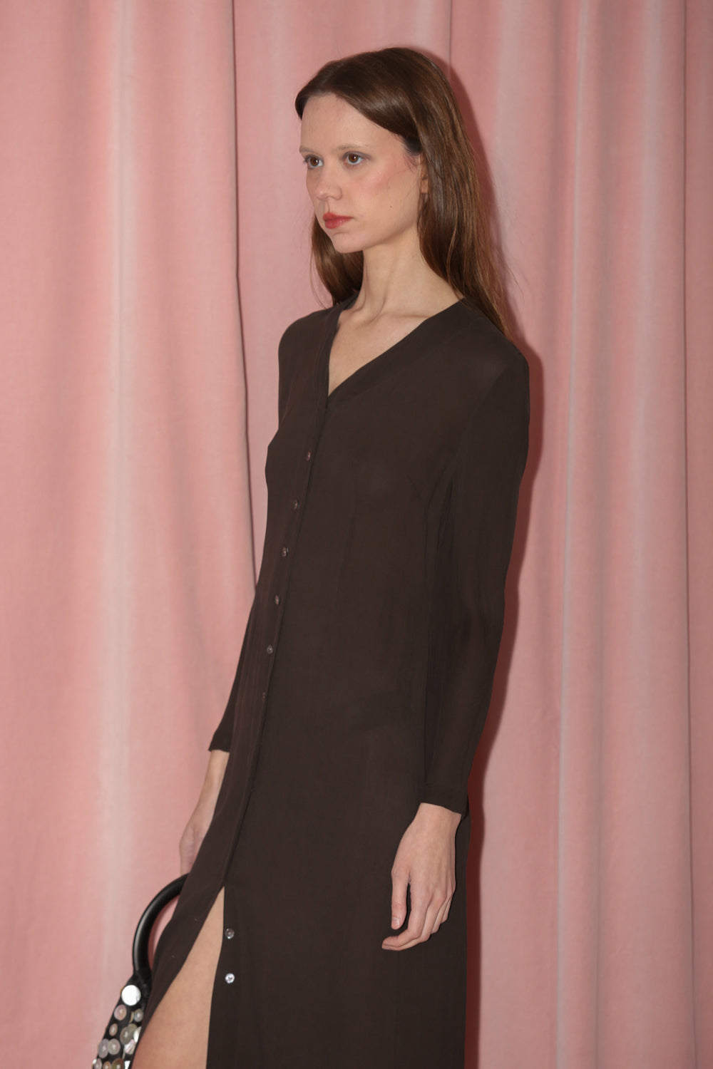 90s Brown Sheer Silk Button Down Dress (S-M)